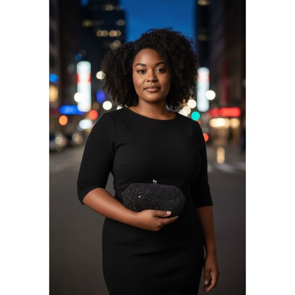 VTG Gala Japan Formal Clutch Black Beaded Floral Silver Kiss Lock Handbag 1960s - Picture 2 of 5